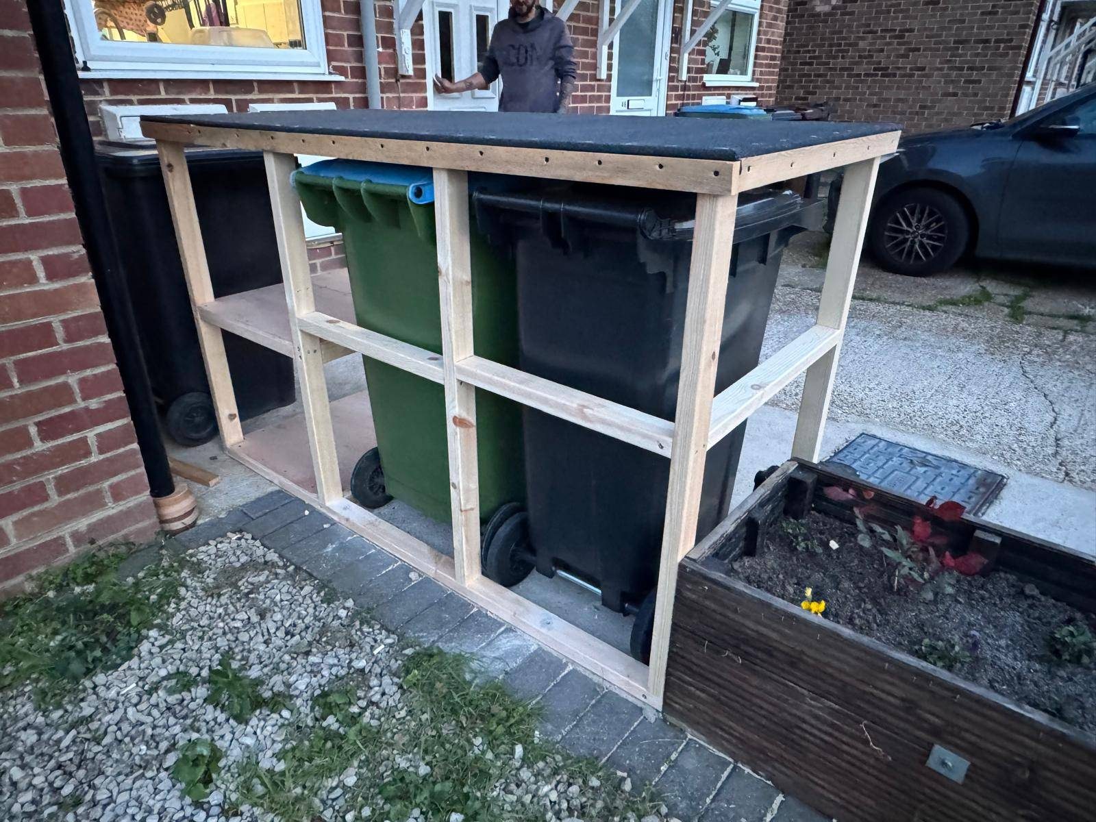 Timber bin store frame around wheelie bins